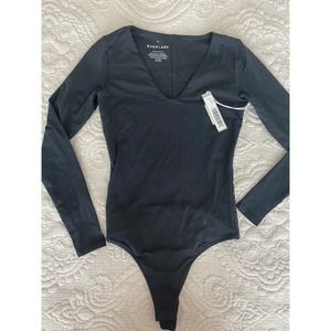 Everlane The V Neck Long Sleeve Body Suit Thong in Black size XS nwt